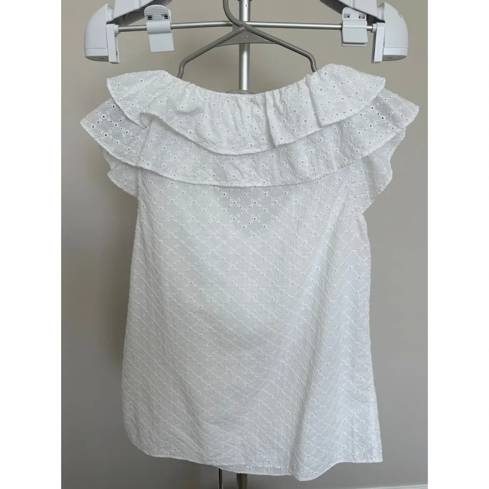 Michael Kors Top Womens S White Cotton Eyelet Ruffle V-Neck Cap Sleeve Blouse MK